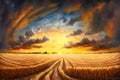 Gold Wheat flied panorama with tree at sunset, rural countryside. Neural network AI generated Royalty Free Stock Photo