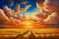 Gold Wheat flied panorama with tree at sunset, rural countryside. Neural network AI generated Royalty Free Stock Photo