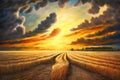 Gold Wheat flied panorama with tree at sunset, rural countryside. Neural network AI generated Royalty Free Stock Photo