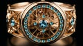 A gold wheel with diamonds and blue stones