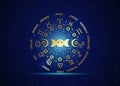 Gold wheel of the zodiac signs and triple moon, pagan Wiccan goddess symbol, sun system, moon phases, orbits of planets, isolated