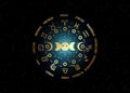 Gold wheel of the zodiac signs and triple moon, pagan Wiccan goddess symbol, sun system, moon phases, orbits of planets, isolated