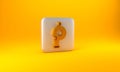 Gold Whistle icon isolated on yellow background. Referee symbol. Fitness and sport sign. Silver square button. 3D render Royalty Free Stock Photo