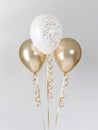 Gold and white balloons with golden confetti on white background. For celebration decorations, festive backgrounds Royalty Free Stock Photo