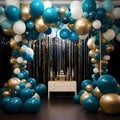 Gold, white and blue balloons as decoration for New Year\'s Eve party room. New Year\'s celebrations Royalty Free Stock Photo