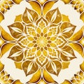 A gold and white mandala seamless pattern with a yellow center. The design is intricate and detailed, with a lot of