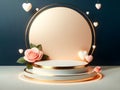 valentine love gold white marble podium pink peach rose flower and heart dark blue background, ai generated