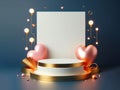 valentine a gold white marble podium pink peach rose flower and heart dark blue background, ai generated