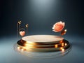 a valentine gold white marble podium pink peach rose flower and heart dark blue background, ai generated