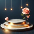 valentine gold white marble podium pink peach rose flower and heart dark blue background, ai generated