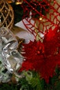 Gold, white and red Christmas tree decorations