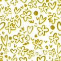 Gold on white seamless pattern, shiny yellow decorative elements - gold flowers and hearts with golden texture