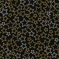 Gold and white stars on a black background seamless pattern vector illustration. Royalty Free Stock Photo