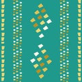 Gold, white and terracotta diamond and stripe mosaic style design. Seamless vector pattern on teal background. Great for Royalty Free Stock Photo