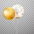 Gold, white transparent helium balloon in the air . Frosted party balloons for event design. Party decorations for birthd