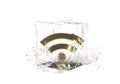 Gold wifi, sign in cube of melting ice and drop water on isolated background