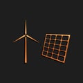 Gold Wind mill turbines generating electricity and solar panel icon isolated on black background. Energy alternative Royalty Free Stock Photo