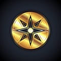 Gold Wind rose icon isolated on black background. Compass icon for travel. Navigation design. Vector