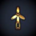 Gold Wind turbine icon isolated on black background. Wind generator sign. Windmill for electric power production. Vector