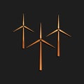 Gold Wind turbine icon isolated on black background. Wind generator sign. Windmill silhouette. Windmills for electric