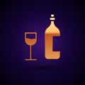 Gold Wine bottle with wine glass icon isolated on black background. Happy Easter. Vector Illustration Royalty Free Stock Photo