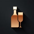 Gold Wine bottle with glass icon isolated on black background. Long shadow style. Vector Royalty Free Stock Photo