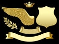 Gold wing, crown, sign, ribbon and laurel branch