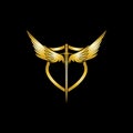 Gold winged sword with shield vector icon