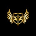 Gold winged sword with shield vector icon