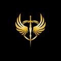 Gold winged sword with shield vector icon