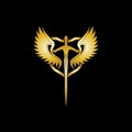 Gold winged sword with shield vector icon
