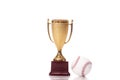 Gold winner cup trophy award and baseball on white background. Sport