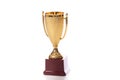 Gold winner cup trophy award with wooden base isolated on white background