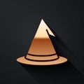 Gold Witch hat icon isolated on black background. Happy Halloween party. Long shadow style. Vector