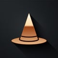 Gold Witch hat icon isolated on black background. Happy Halloween party. Long shadow style. Vector