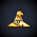 Gold Witch hat icon isolated on black background. Happy Halloween party. Vector