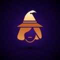 Gold Witch icon isolated on black background. Happy Halloween party. Vector