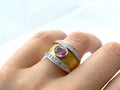 Gold womenÃÂ´s vintage design finger ring witch diamonds and gem Royalty Free Stock Photo