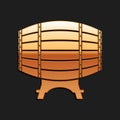 Gold Wooden barrel on rack icon isolated on black background. Long shadow style. Vector