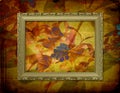 Gold wooden frame on the floral background