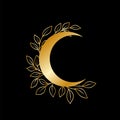Gold wreath. Floral moon vector frame. Boho celestial frame.