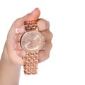 Gold Wrist Watches with Diamonds in Female Hand isolated Royalty Free Stock Photo