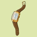 Gold wristwatch. Vector illustration of a wristwatch with arrows. Unbuttoned strap. Hand drawn wristwatch