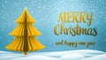 Gold xmas tree Merry Christmas and Happy New Year greeting message in english on blue background,snow flakes.Elegant Royalty Free Stock Photo