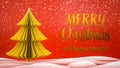 Gold xmas tree Merry Christmas and Happy New Year greeting message in english on red background,snow flakes.Elegant Royalty Free Stock Photo