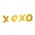 Gold XOXO hand written phrase isolated on white background. Hugs and kisses sign. Grunge brush lettering XO. Easy to edit template