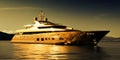 Gold yacht. Golden super yacht sailing along the coast. Millionaire boat.