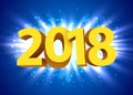 Gold 2018 year type on a bright blue background.