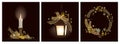 Gold, yellow christmas decorations set on black background. Hanging lantern, burning candle, christmas wreath.