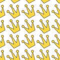Gold Yellow Contour Crown Icon. King, Queen, Princess Accessory. Seamless Pattern Wrapping Paper, Textile Template. White